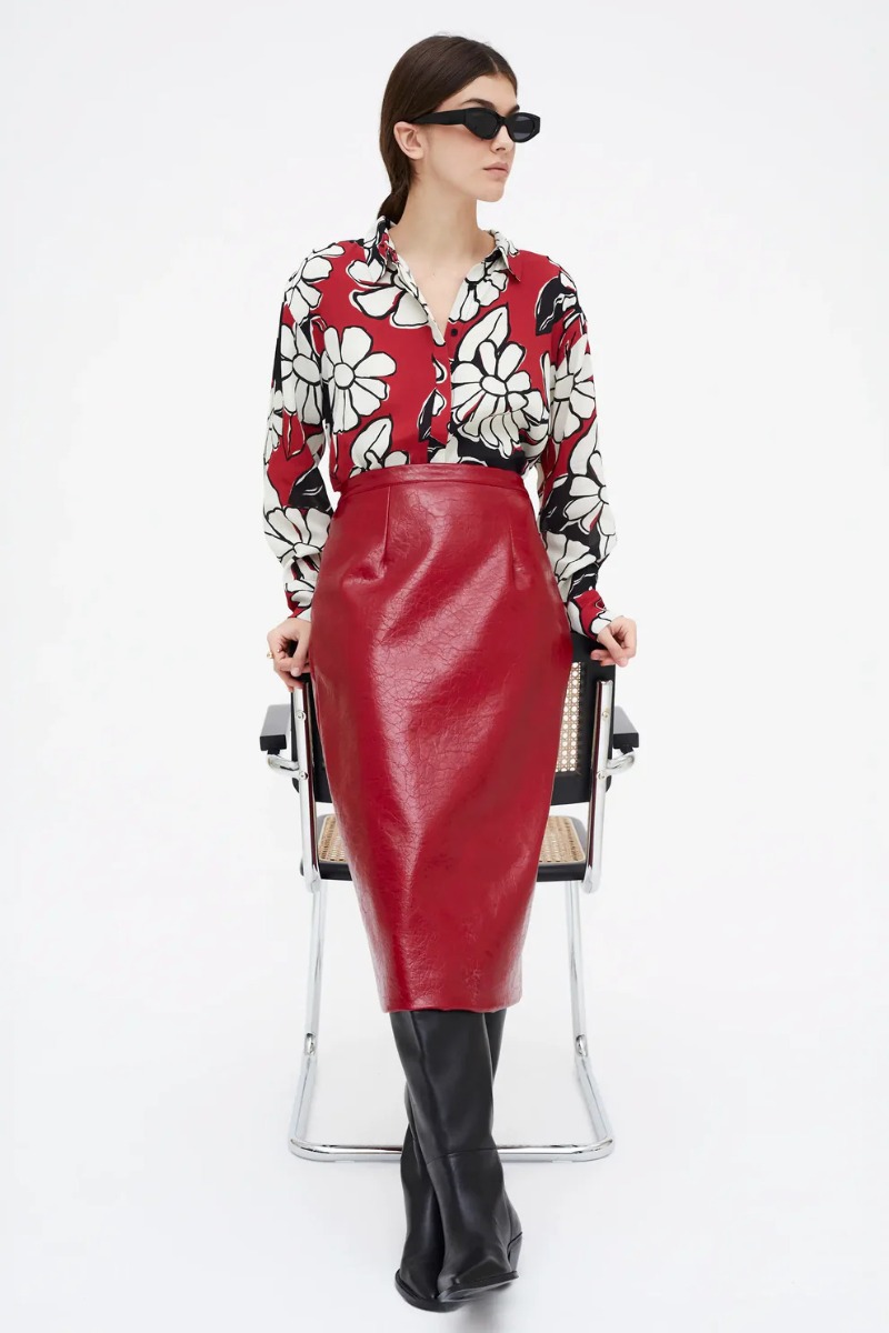 Midi Lederlook Rok Rood