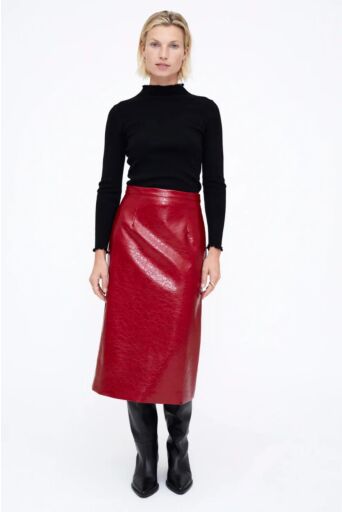 Midi Lederlook Rok Rood
