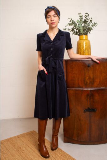Revers Kleedje Midi Corduroy Marino