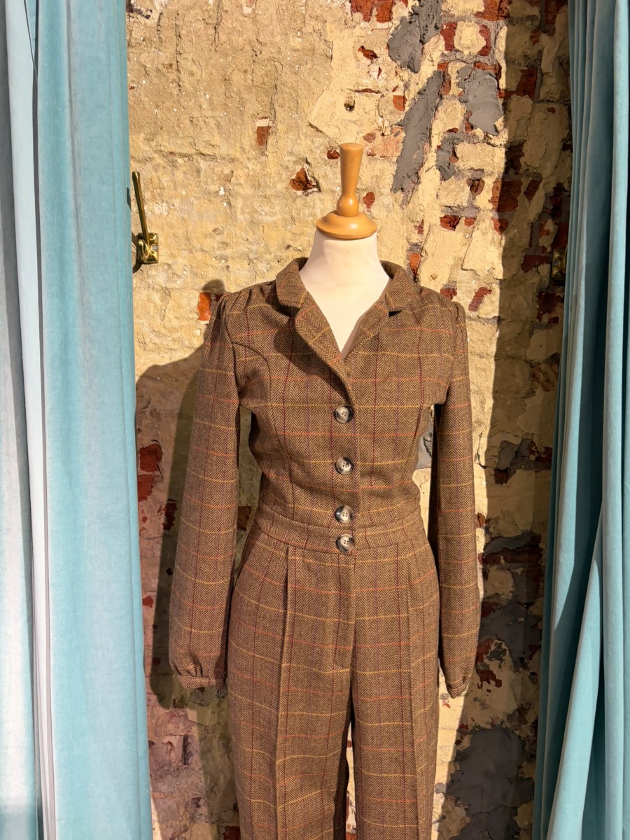 Longsleeve Jumpsuit Tartan Tweed Bruin